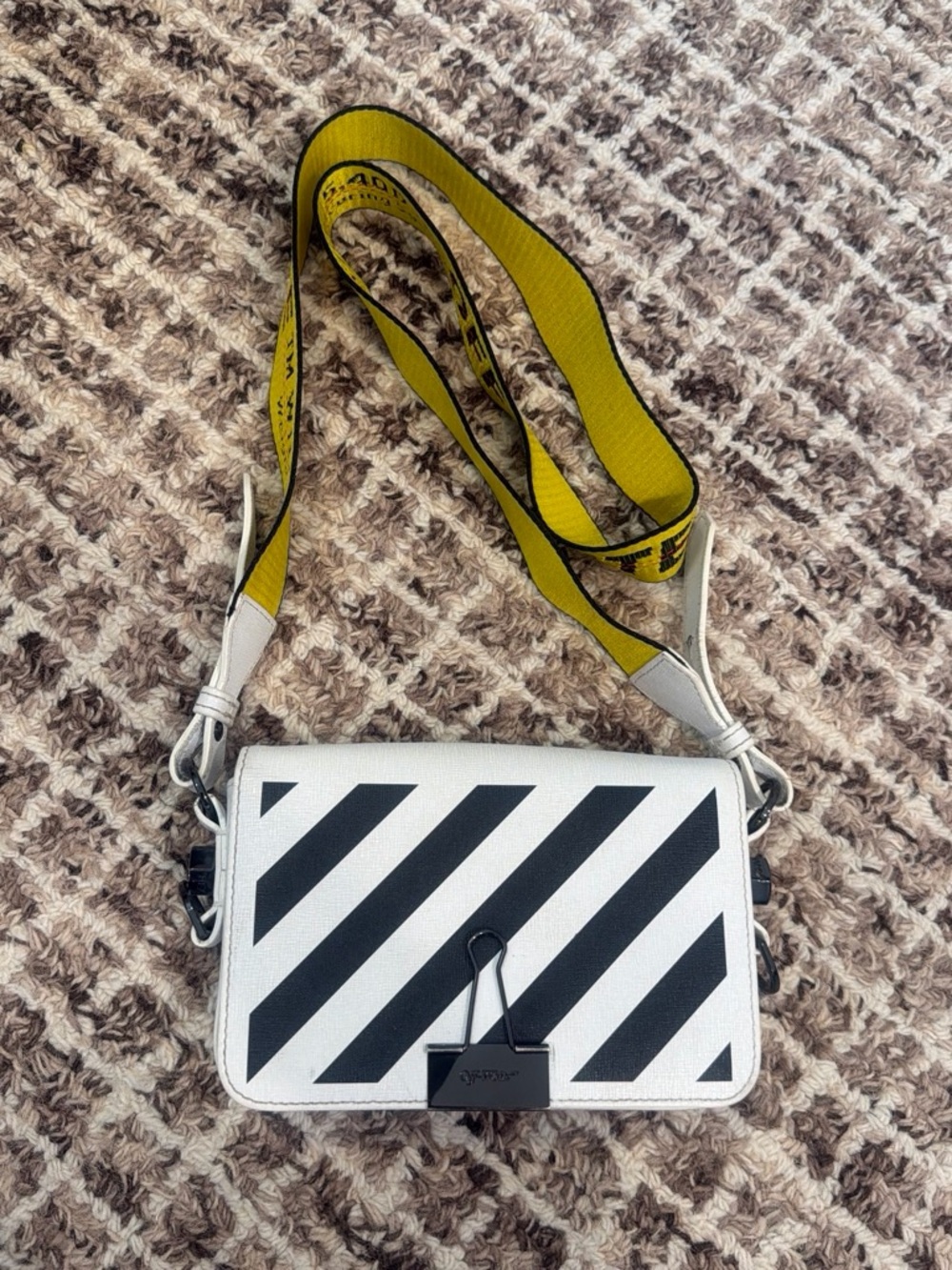 Off-White White & Black Diagonal Stripe Crossbody Bag with Yellow Strap